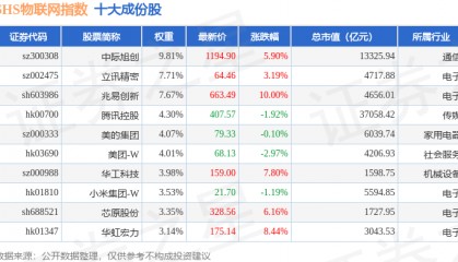 7月9日SHS物联网（931575）指数涨4.04%，成份股国博电子（688375）领涨