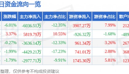 股票行情快报：完美世界（002624）2月28日主力资金净卖出6036.51万元