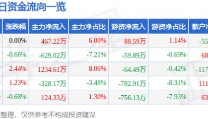 股票行情快报：长虹华意（000404）8月13日主力资金净买入467.22万元