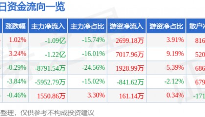 股票行情快报：三丰智能（300276）6月25日主力资金净卖出1.09亿元