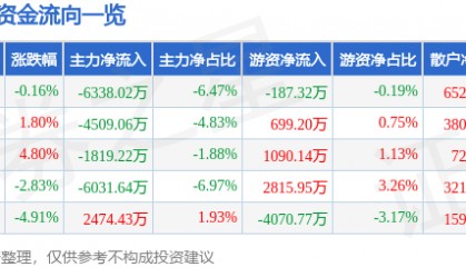 股票行情快报：黑芝麻（000716）11月21日主力资金净卖出6338.02万元