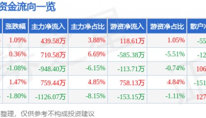 股票行情快报：宝泰隆（601011）3月11日主力资金净买入439.58万元