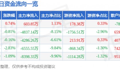 股票行情快报：三丰智能（300276）5月20日主力资金净买入603.85万元