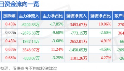 股票行情快报：中国重工（601989）6月17日主力资金净卖出6202.33万元