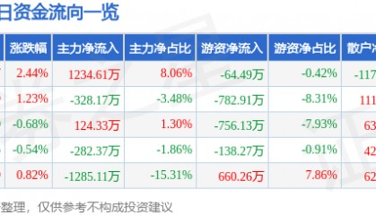 股票行情快报:长虹华意(000404)8月11日主力资金净买入1234.61万元