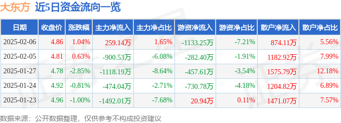 股票行情快报：大东方（600327）2月6日主力资金净买入259.14万元