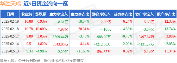 股票行情快报：华胜天成（600410）2月19日主力资金净卖出8.51亿元