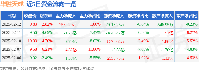 股票行情快报：华胜天成（600410）2月12日主力资金净买入2560.20万元