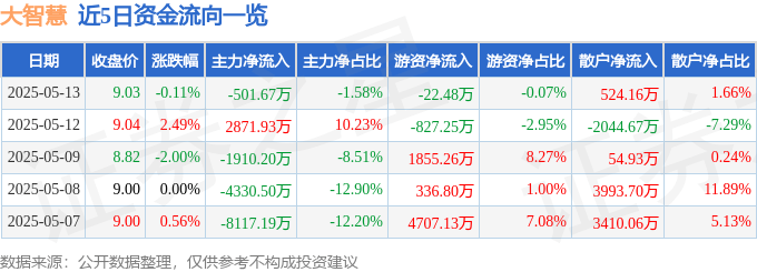 股票行情快报：大智慧（601519）5月13日主力资金净卖出501.67万元