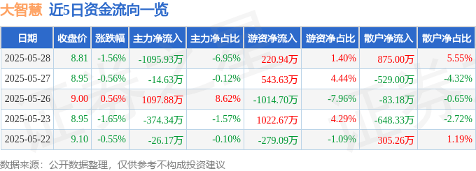 股票行情快报：大智慧（601519）5月28日主力资金净卖出1095.93万元
