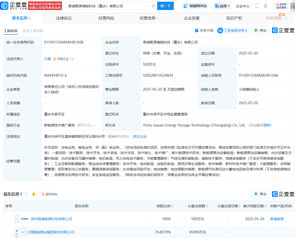 赣锋锂业投资成立储能科技公司